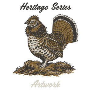 Detailed vintage-style illustration of a ruffed grouse with tail fanned, standing on a mossy mound, with 'Heritage Series' and 'Artwork' text.