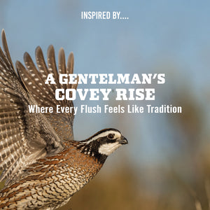 A bobwhite quail in flight with wings spread against a soft blue sky, with text reading 'A Gentleman's Covey Rise — Where Every Flush Feels Like Tradition.'