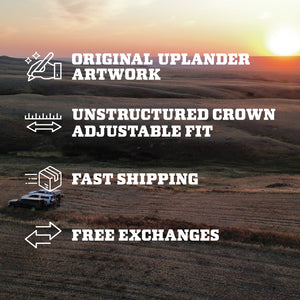 Uplander snapback hat features: original artwork, unstructured crown adjustable fit, fast shipping, and free exchanges, over a sunset prairie landscape."