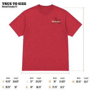 Size guide for the Cock Bird t-shirt showing a red relaxed fit tee with 'Uplander' chest graphic, labeled 'True to Size — Relaxed Everyday Fit,' with width and length measurements for sizes S through 4X.