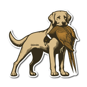 Die-cut sticker of a yellow Labrador Retriever holding a ring-necked pheasant in its mouth.