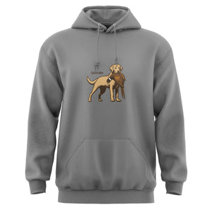 Front view of a grey hoodie featuring a graphic of a yellow Labrador Retriever holding a ring-necked pheasant in its mouth with Uplander branding.
