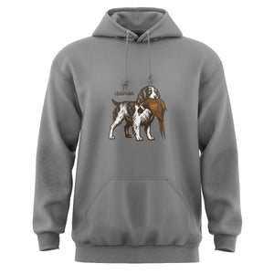 Front view of a grey hoodie featuring a graphic of an English Springer Spaniel holding a ring-necked pheasant in its mouth with Uplander branding.