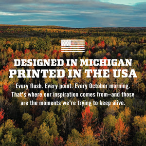 Aerial view of Michigan fall foliage with text 'Designed in Michigan, Printed in the USA' and American flag.