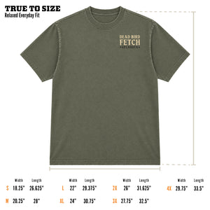 Size guide for the Fetch t-shirt showing an olive green relaxed fit tee with 'Dead Bird Fetch — Uplander' chest graphic, labeled 'True to Size — Relaxed Everyday Fit,' with width and length measurements for sizes S through 4X.
