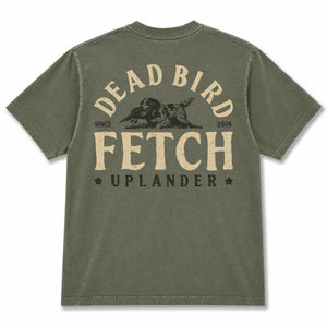 An olive green short-sleeve t-shirt shown from the back, featuring a distressed beige and black graphic print that reads 'DEAD BIRD FETCH UPLANDER' with a bird dog dog illustration.