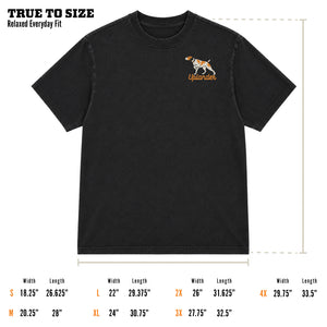 Size guide for the Outlaw t-shirt showing a black relaxed fit tee with a pointing bird dog and 'Uplander' chest graphic, labeled 'True to Size — Relaxed Everyday Fit,' with width and length measurements for sizes S through 4X.