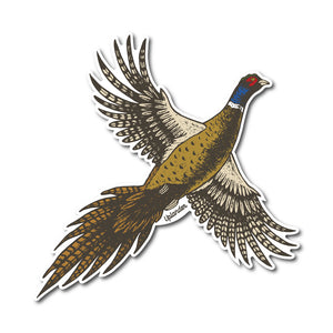 Die-cut sticker of a ring-necked pheasant in flight.