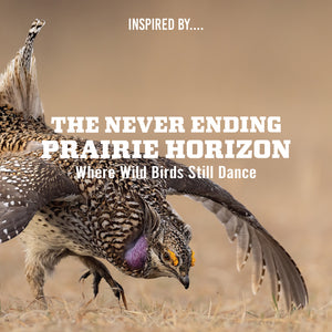 A sharptail grouse in a dramatic display pose with wings spread and purple neck sac visible, on a prairie grassland, with text reading 'The Never Ending Prairie Horizon — Where Wild Birds Still Dance.'