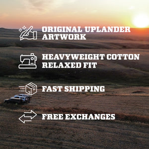 Uplander t-shirt features: original artwork, heavyweight cotton relaxed fit, fast shipping, and free exchanges, over a sunset prairie landscape.