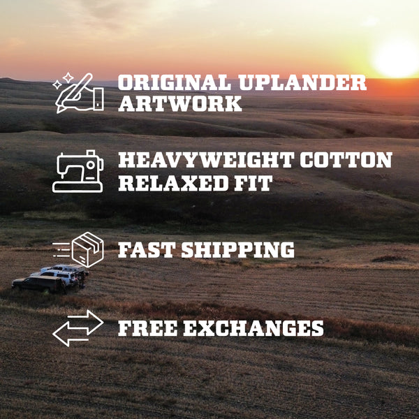 Uplander t-shirt features: original artwork, heavyweight cotton relaxed fit, fast shipping, and free exchanges, over a sunset prairie landscape.