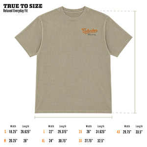 Size guide for the Tailgate t-shirt showing a khaki relaxed fit tee with 'Uplander — Chasing the Flush' chest graphic, labeled 'True to Size — Relaxed Everyday Fit,' with width and length measurements for sizes S through 4X.
