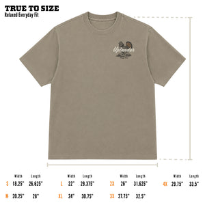 Size guide for The King Heritage Series t-shirt showing a tan relaxed fit tee with 'Uplander' chest graphic, labeled 'True to Size — Relaxed Everyday Fit,' with width and length measurements for sizes S through 4X.
