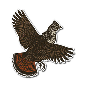 Die-cut sticker of a Ruffed Grouse in flight.