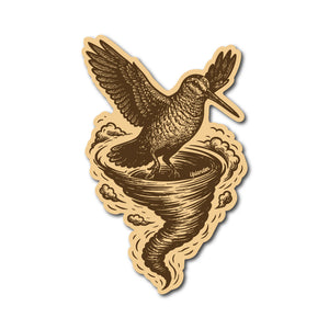 Die-cut sticker of an American Woodcock taking flight from a tornado.