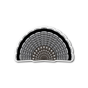 Die-cut sticker of a grey phase Ruffed Grouse tail fan.
