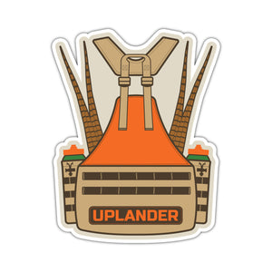 Die-cut sticker of an upland hunting vest with two pheasant tails and water bottles and text 'Uplander'.